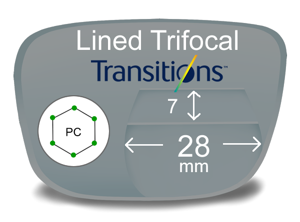 Lined Trifocal 7x28 Polycarbonate Transitions Lenses